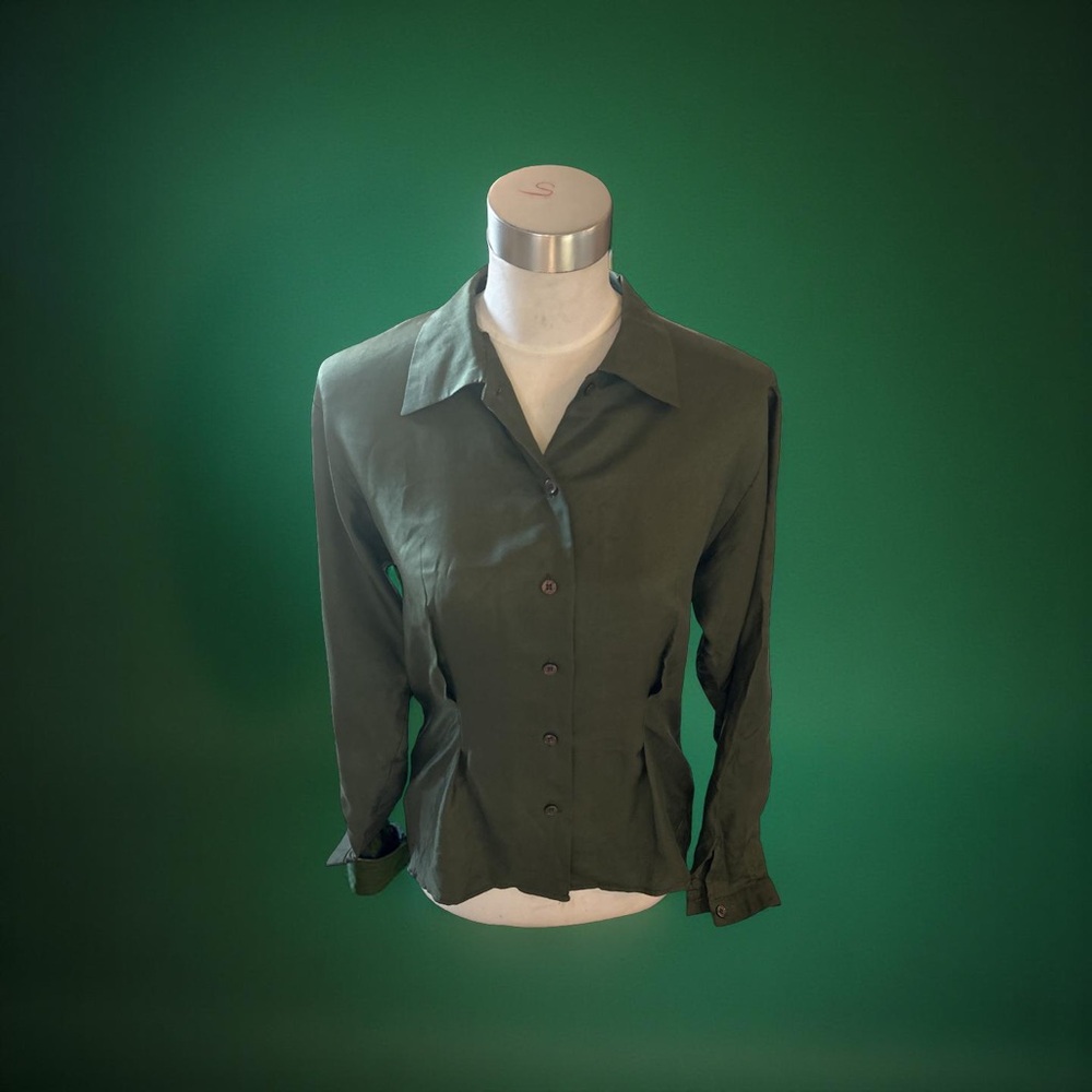 Saks Fifth Avenue Womens Size 4/Small 100% Silk Blouse Olive Green Shirt